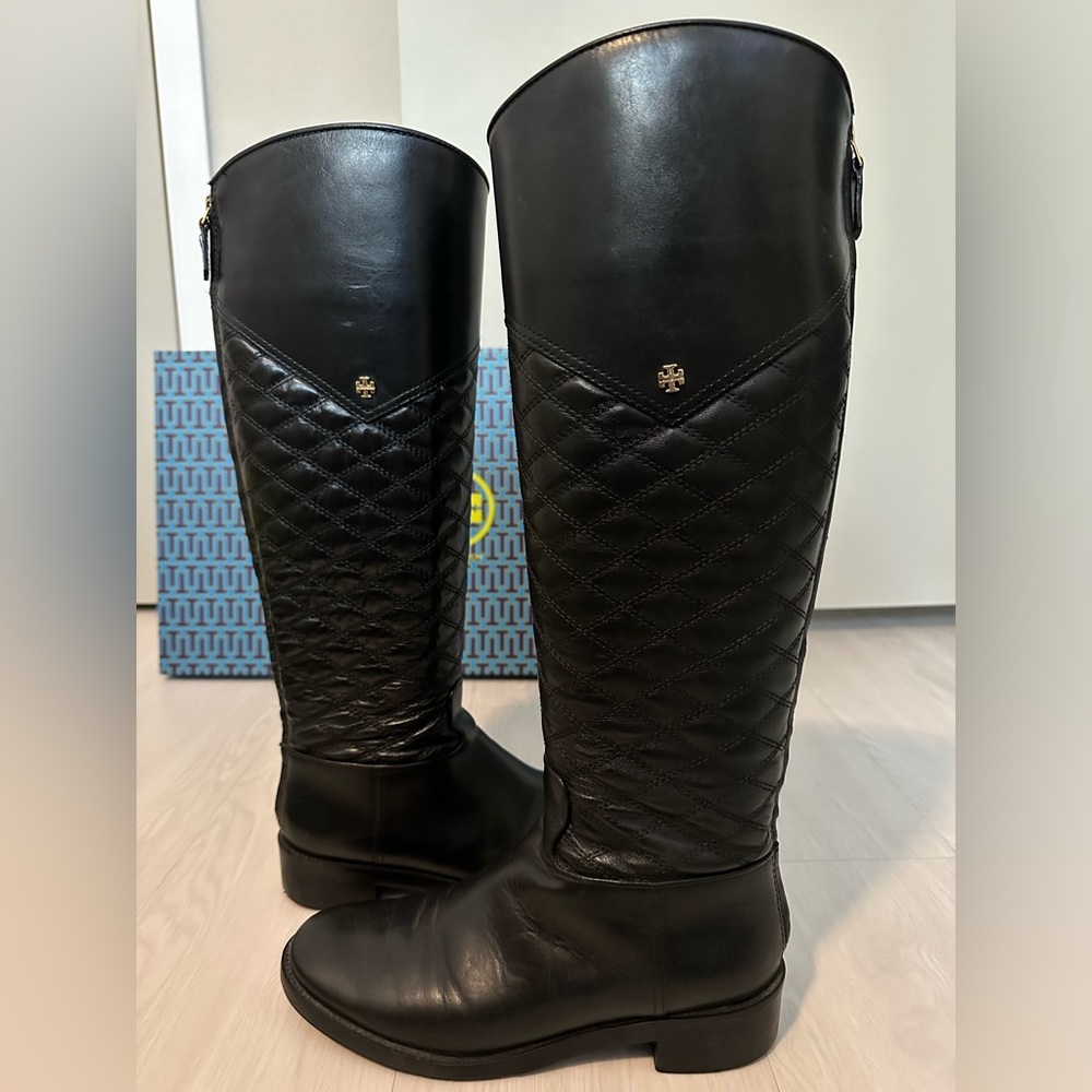 Tory Burch Claremont Quilted Vegan Leather Boot Size: 7.5 w/Gold Metal Details